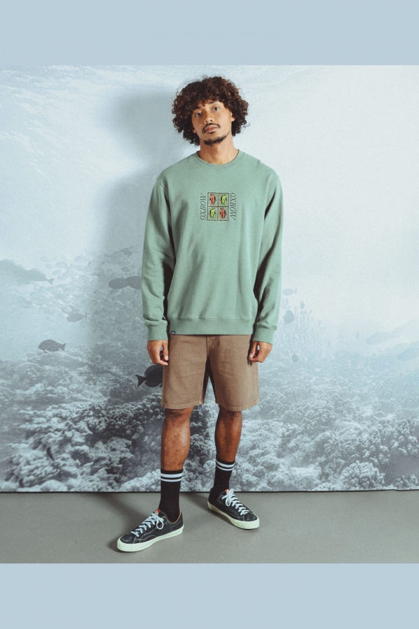 Oxbow FISHLOVE Men's Crew Neck Sweatshirt | 100% Organic Cotton | Elliot Snowman Artwork | Agave Green | Surfwax