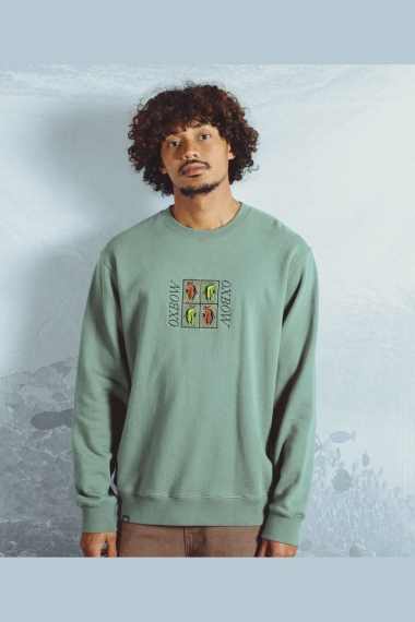 Oxbow FISHLOVE Vyriškas Bliuzonas Apvaliu Kaklu | 100% Organinė Medvilnė | Elliot Snowman Grafika | Agave | Surfwax 