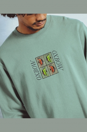 Oxbow FISHLOVE Men's Crew Neck Sweatshirt | 100% Organic Cotton | Elliot Snowman Artwork | Agave Green | Surfwax