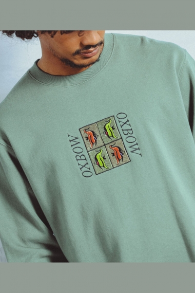 Oxbow FISHLOVE Men's Crew Neck Sweatshirt | 100% Organic Cotton | Elliot Snowman Artwork | Agave Green | Surfwax