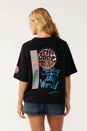 RipCurl Surf The World Boxy Moteriški Marškinėliai | Oversized Medvilniniai Marškinėliai | Boxy Fit Marškinėliai Laisvalaikiui
